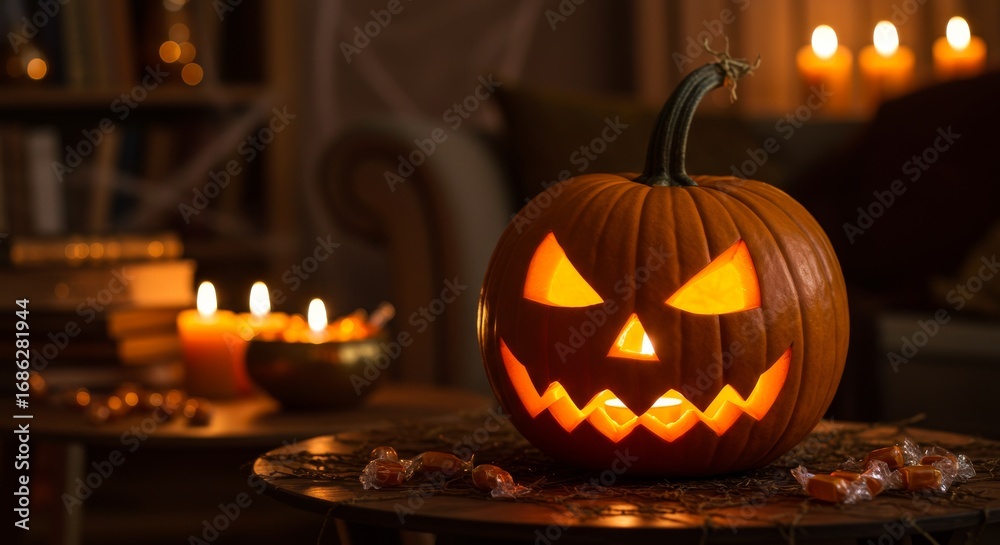 Fototapeta premium Cozy Halloween Living Room with Glowing Pumpkin and Candlelit Decor