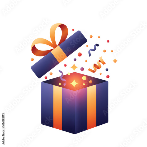 Open gift box with bright light and confetti, celebrating a surprise.