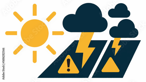 Illustration of Sun Shining with Weather Warning Symbol and Cloud Vector Design Template