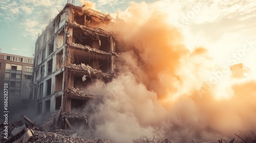 Exploding building, debris, smoke