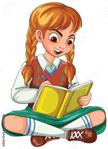 Smiling Schoolgirl Writing in Notebook While Sitting Cross-Legged