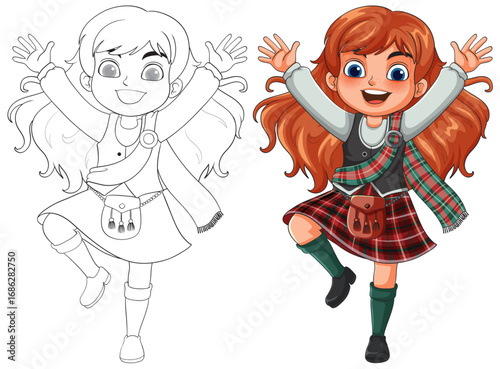 Happy Redheaded Girl in Traditional Scottish Dress Jumping