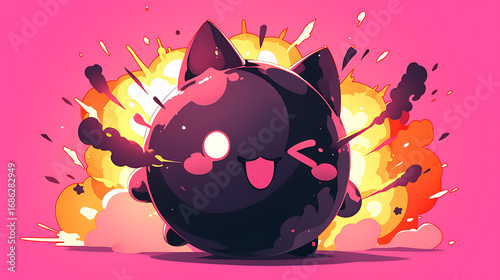 Black round boom explosive fuse. Cute chibi cartoon pose