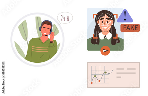Customer support agent with headset, deepfake identity alert system, analytics chart. Ideal for AI, fraud detection, customer service, technology, communication security data analysis. Simple flat