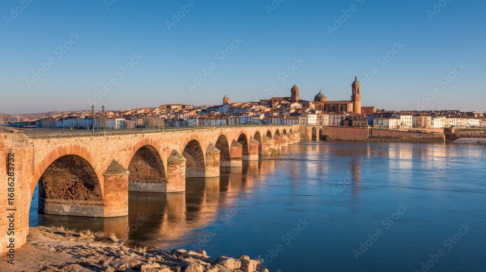 Obraz premium Historic stone bridge with multiple arches spanning a calm river in a scenic ancient cityscape under a clear blue sky