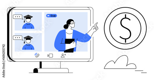 Graduate students and teacher interact on a live video call. Dollar sign highlights educations financial benefits. Ideal for e-learning, teaching, training, webinars, finance, careers, simple flat
