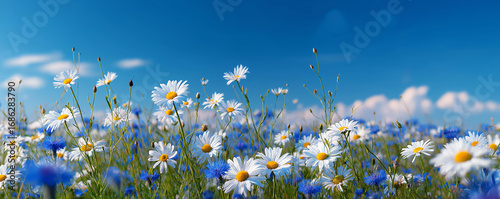 Spring meadow with daisies, cornflowers, and grass in the foreground.