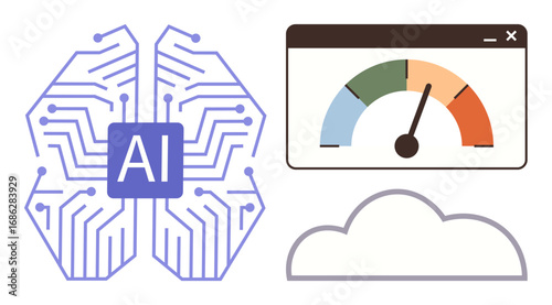 AI brain circuitry with AI tag, performance speedometer, and cloud outline. Ideal for AI, technology, innovation, machine learning, data analysis cloud computing digital transformation. Simple flat
