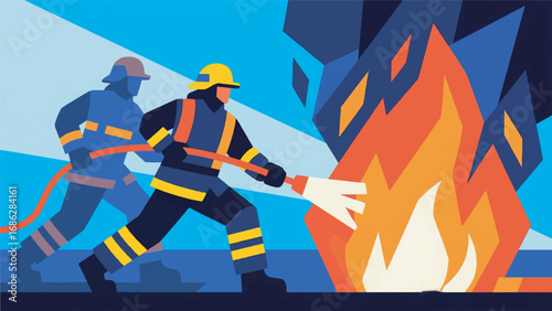 Illustration of Heroic Firefighters Fighting a Blaze with Fire Vector Design Template