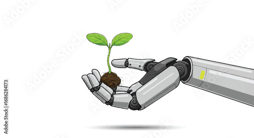 A minimalist vector illustration shows a futuristic robotic hand gently cradling a small green sprout, symbolizing eco-tech innovation and environmental protection.