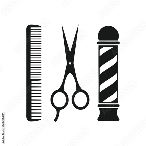 Black barber pole scissors and comb icons on white background haircut 1