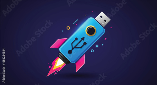 A flat style vector illustration depicts a futuristic rocket in the shape of a USB flash drive, symbolizing a modern startup's fast growth and innovative technology, isolated on a clean background.