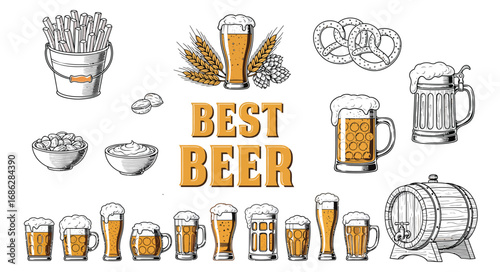 Best Beer Collection Hand Drawn Illustrations Mugs Glasses Barrel Hops Pretzels Fries Snacks