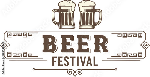 Vintage Style Beer Festival Event Celebration Logo Design with Mugs and Decorative Elements