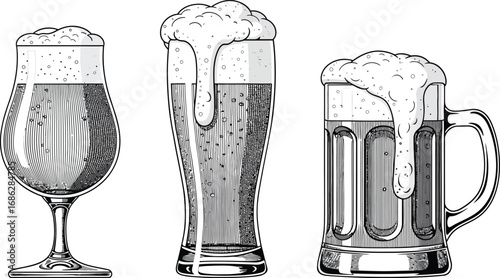 Assorted Beer Glassware Styles Vintage Engraving Inspired Hand Drawn Illustration Featuring Various Foamy Brews