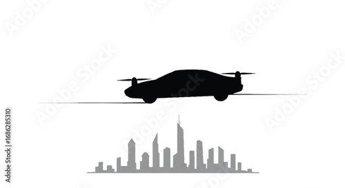 A sleek flying car silhouette hovers above a futuristic city skyline, a clean vector illustration depicting advanced urban transport and innovative technology.