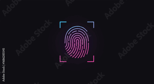 An isolated vector illustration vividly depicts a glowing neon fingerprint scanner, symbolizing robust digital cybersecurity and advanced biometric identification technology.