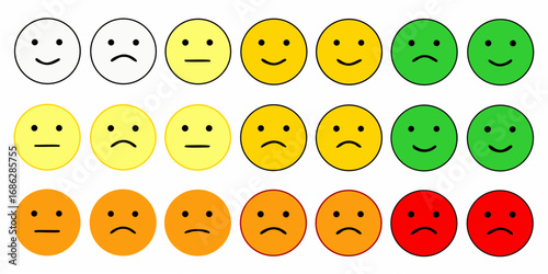 Set of smiley face icons representing different emotions and satisfaction levels