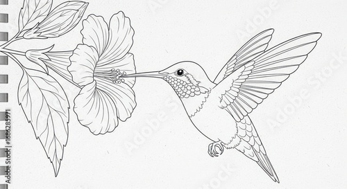 Delicate hummingbird nectar gathering from flower detailed line art sketch for coloring or artistic inspiration