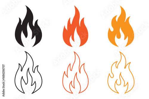 Fire icons set. Fire symbol set. Red, Black and Orange fire icons. Collection of hot flaming element. Idea of energy and power. Energy, danger, alert, warning,  emergency Symbol and emergency Symbols.