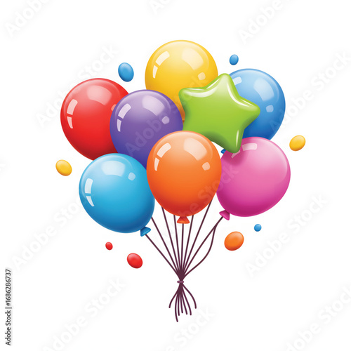 A festive bunch of colorful, glossy balloons, including a green star, tied together for a celebration.