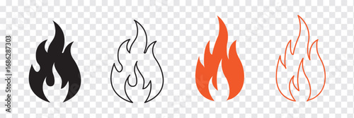 Fire icons set. Fire symbol set. Red, Black and Orange fire icons. Collection of hot flaming element. Idea of energy and power. Energy, danger, alert, warning,  emergency Symbol and emergency Symbols.