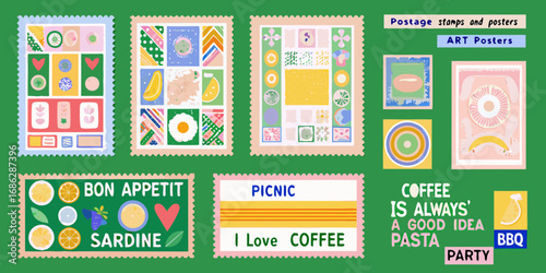 Collection of whimsical postage stamps and art posters with food and abstract designs