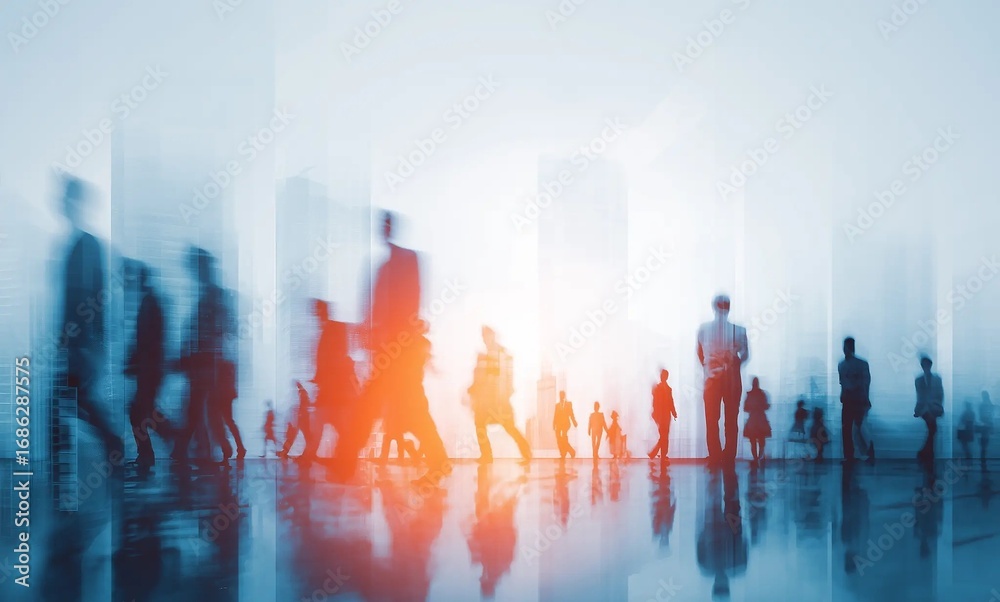 Fototapeta premium Dynamic motion blur of business people walking in urban cityscape, fast-paced corporate life concept