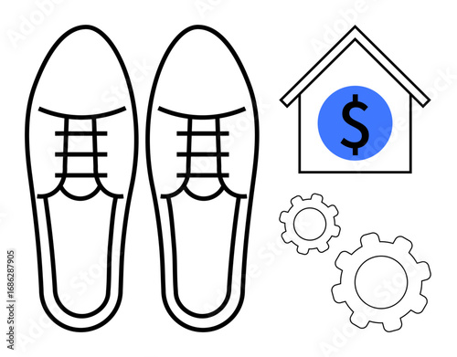 Shoes, a house marked with a dollar symbol, and two gear icons. Ideal for business, entrepreneurship, investment, productivity, finance, progress and a simple landing page