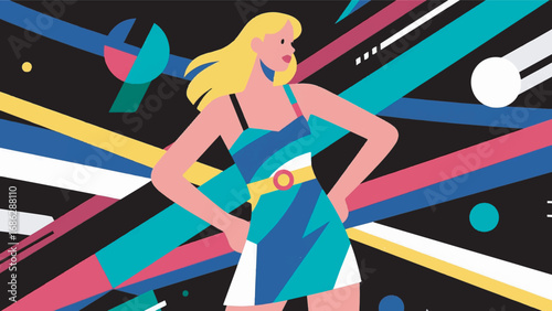 Illustration of Woman with 90s Film Elements with Retro Background Geometric Style Design Template