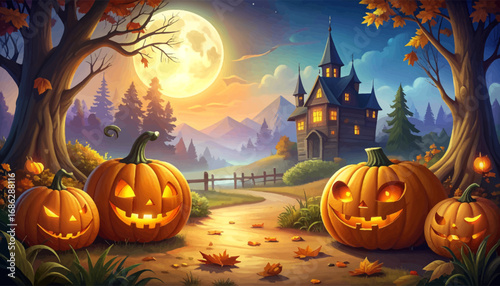 Halloween spooky house and pumpkins. Autumn scene with carved pumpkins. Haunted mansion with pumpkin lights. Pumpkin patch on Halloween night. Halloween night with glowing pumpkins