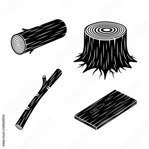 Black and white illustrations of a log, tree stump, branch, and wood plank.