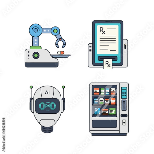 Automated dispensing: robotic arm, AI robot, digital prescription, and medication vending machine.