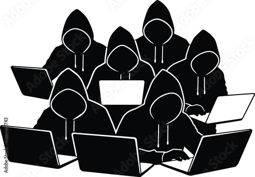Digital Intrusion: An anonymous group of hooded figures are working on their laptop, illustrating the complex modern world and digital security.