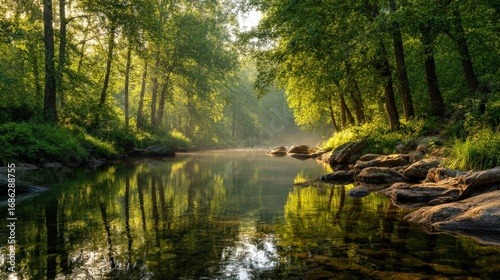 a serene forest landscape with a river flowing peacefully, sunlight streaming through the trees and reflecting in the water. The scene evokes tranquility and natural beauty