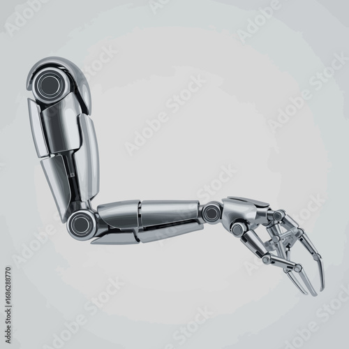 A metallic robotic arm, highly detailed, extends outward, showcasing intricate joints and a three-fingered hand.