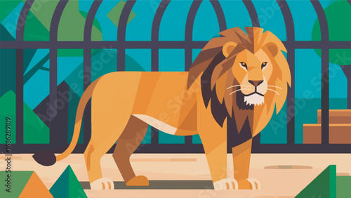 Illustration of Lion in a Zoo Cage with Natural Background Vector Design Template