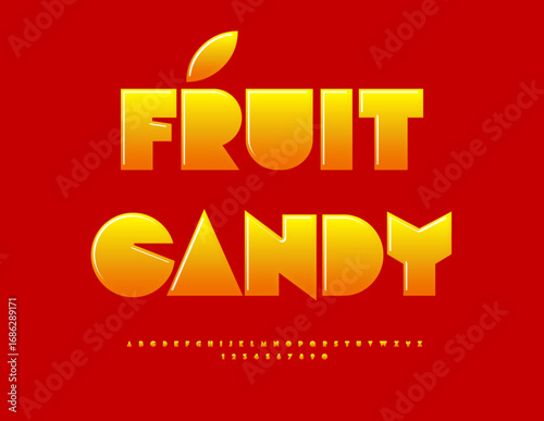 Vector Glossy label Fruit Candy. Creative Sweet Font. Big Geometric Shiny Alphabet Letters and Numbers set