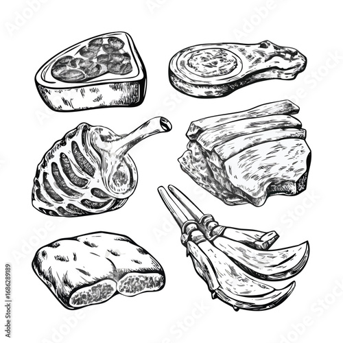 Vintage Butcher Meat Cuts Hand-Drawn Illustration Set)