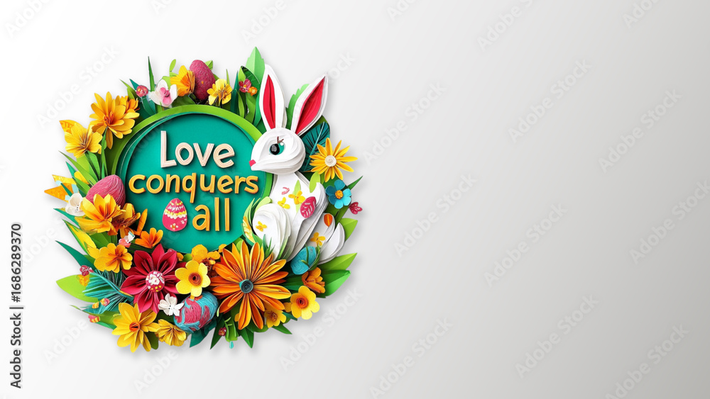 Fototapeta premium Happy Easter Colorful Paper Cut with Quotes Love Conquers All