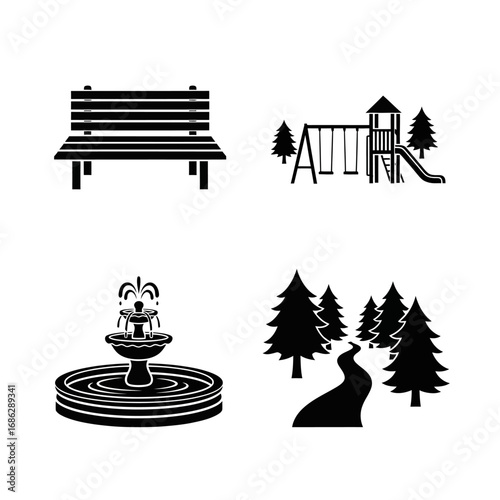 Park icons: bench, playground, fountain, and wooded path.
