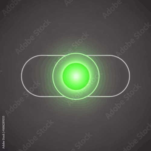 Glowing green light switch, on position, illuminated button, dark background.