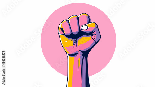 Bold vector illustration of a raised female fist with the gender equality symbol, representing strength, activism, and the fight for women’s rights worldwide