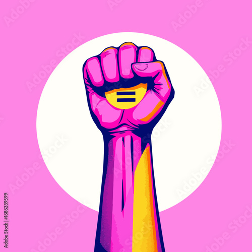 Bold vector illustration of a raised female fist with the gender equality symbol, representing strength, activism, and the fight for women’s rights worldwide