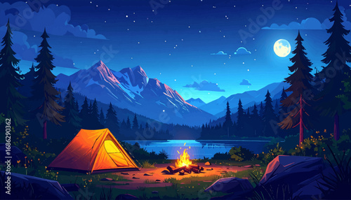 Outdoor camping by a peaceful lake. Starry night camping in the mountains. Camping with a glowing fire and stars. Tented camping by a serene lake. Night camping with moonlit mountains