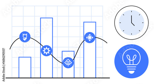 Bar chart with seasonal icons, trend line on grid background, wall clock, and light bulb graphic on right. Ideal for analytics, time management, energy efficiency, innovation, planning seasonal