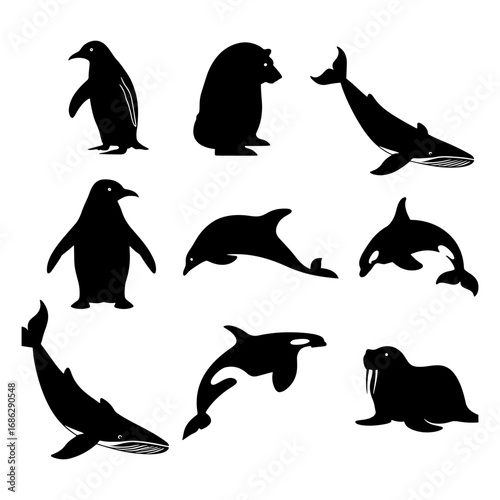 Silhouette illustration of various marine animals including penguins whales and a walrus on white background
