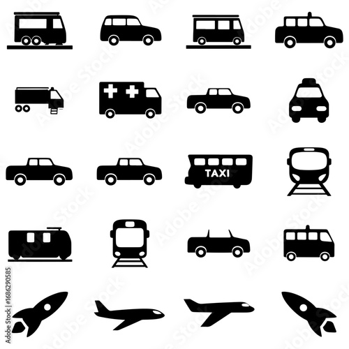 A collection of various transportation icons including cars buses trains and airplanes in black silhouette