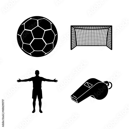 Illustration of a soccer ball, goal, referee with arms outstretched, and a whistle in black and white