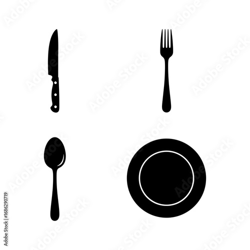 Black silhouette of a knife, fork, spoon, and plate arranged on a white background in a simple style
